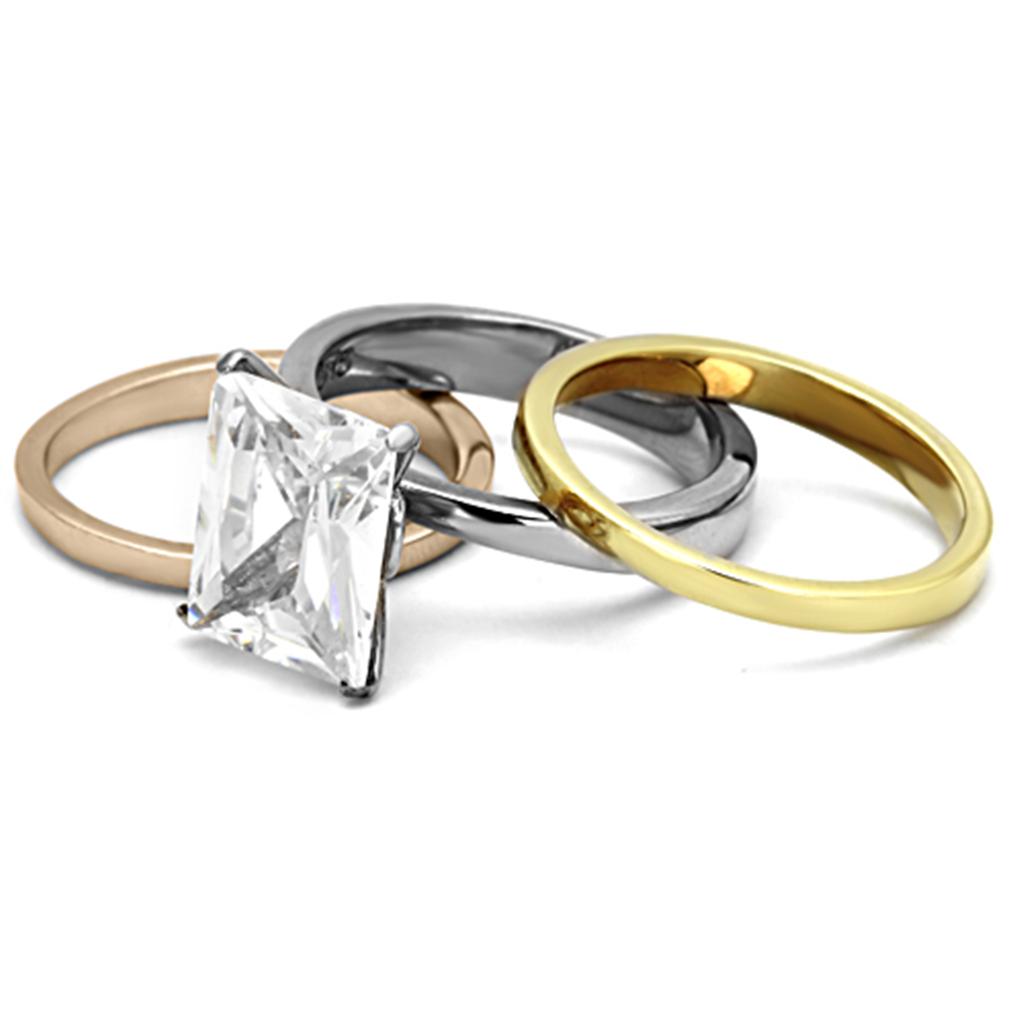 Three Tone (IP Gold & IP Rose Gold & High Polished) Stainless Steel Ring with AAA Grade CZ  in Clear
