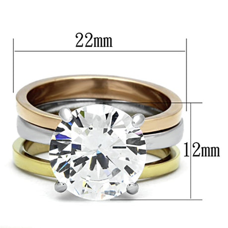 Three Tone (IP Gold & IP Rose Gold & High Polished) Stainless Steel Ring with AAA Grade CZ  in Clear