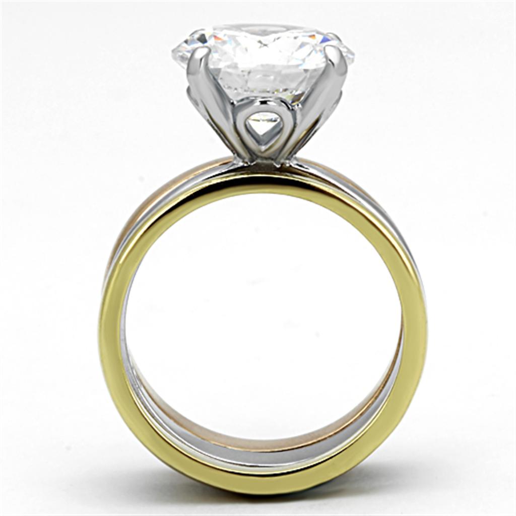 Three Tone (IP Gold & IP Rose Gold & High Polished) Stainless Steel Ring with AAA Grade CZ  in Clear
