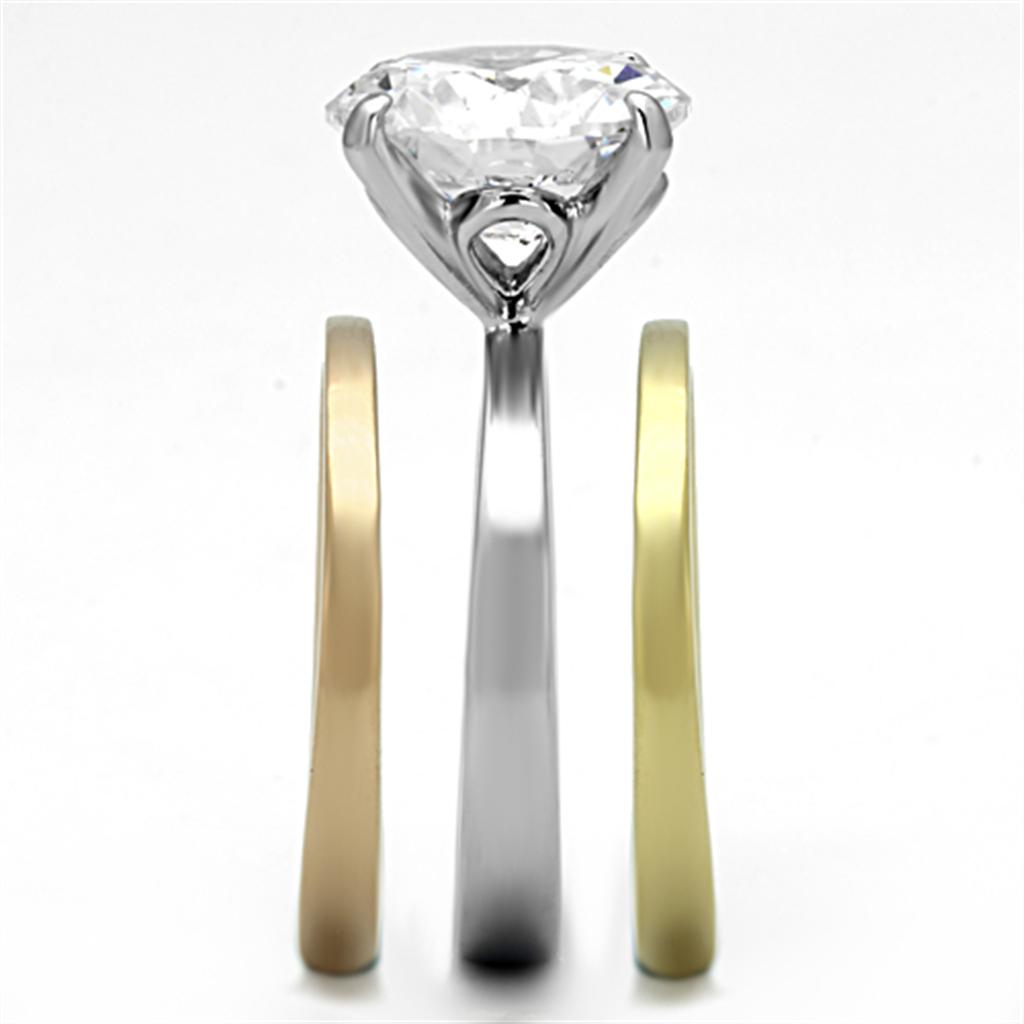 Three Tone (IP Gold & IP Rose Gold & High Polished) Stainless Steel Ring with AAA Grade CZ  in Clear