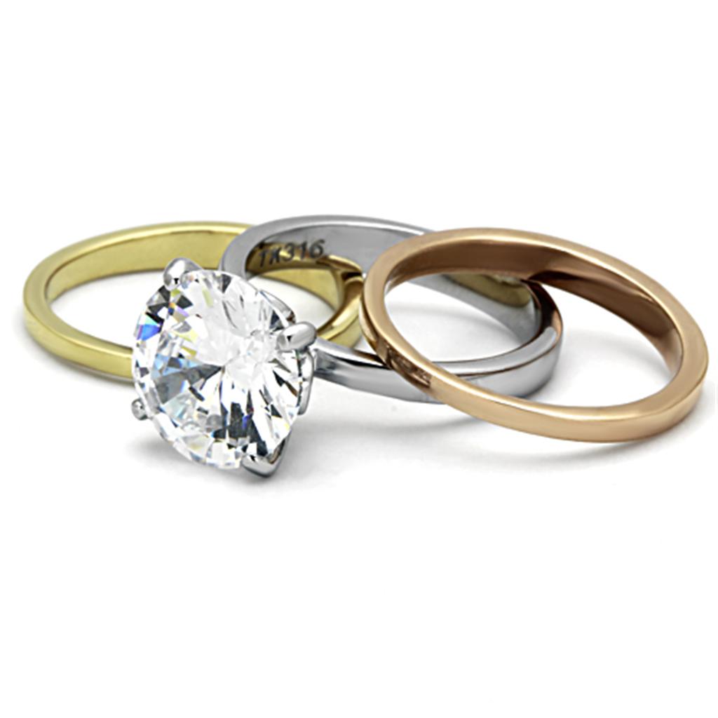 Three Tone (IP Gold & IP Rose Gold & High Polished) Stainless Steel Ring with AAA Grade CZ  in Clear