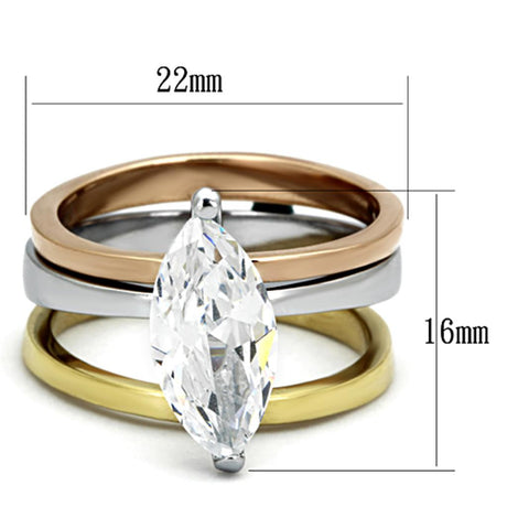 Three Tone (IP Gold & IP Rose Gold & High Polished) Stainless Steel Ring with AAA Grade CZ  in Clear