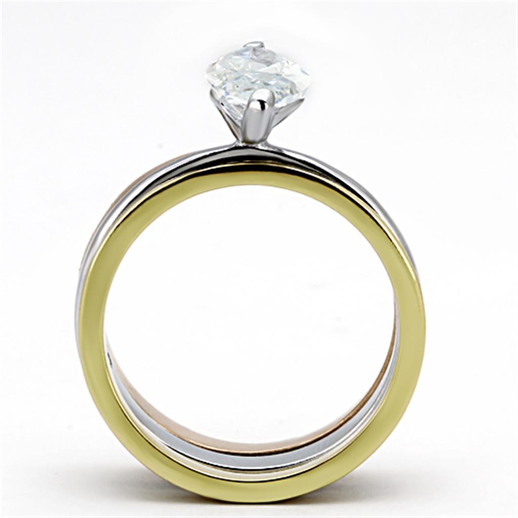 Three Tone (IP Gold & IP Rose Gold & High Polished) Stainless Steel Ring with AAA Grade CZ  in Clear