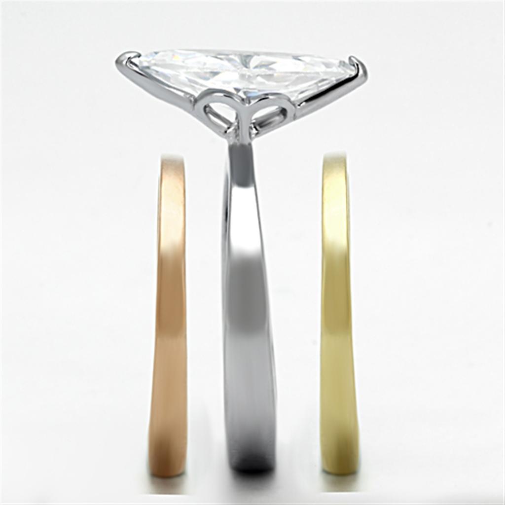 Three Tone (IP Gold & IP Rose Gold & High Polished) Stainless Steel Ring with AAA Grade CZ  in Clear