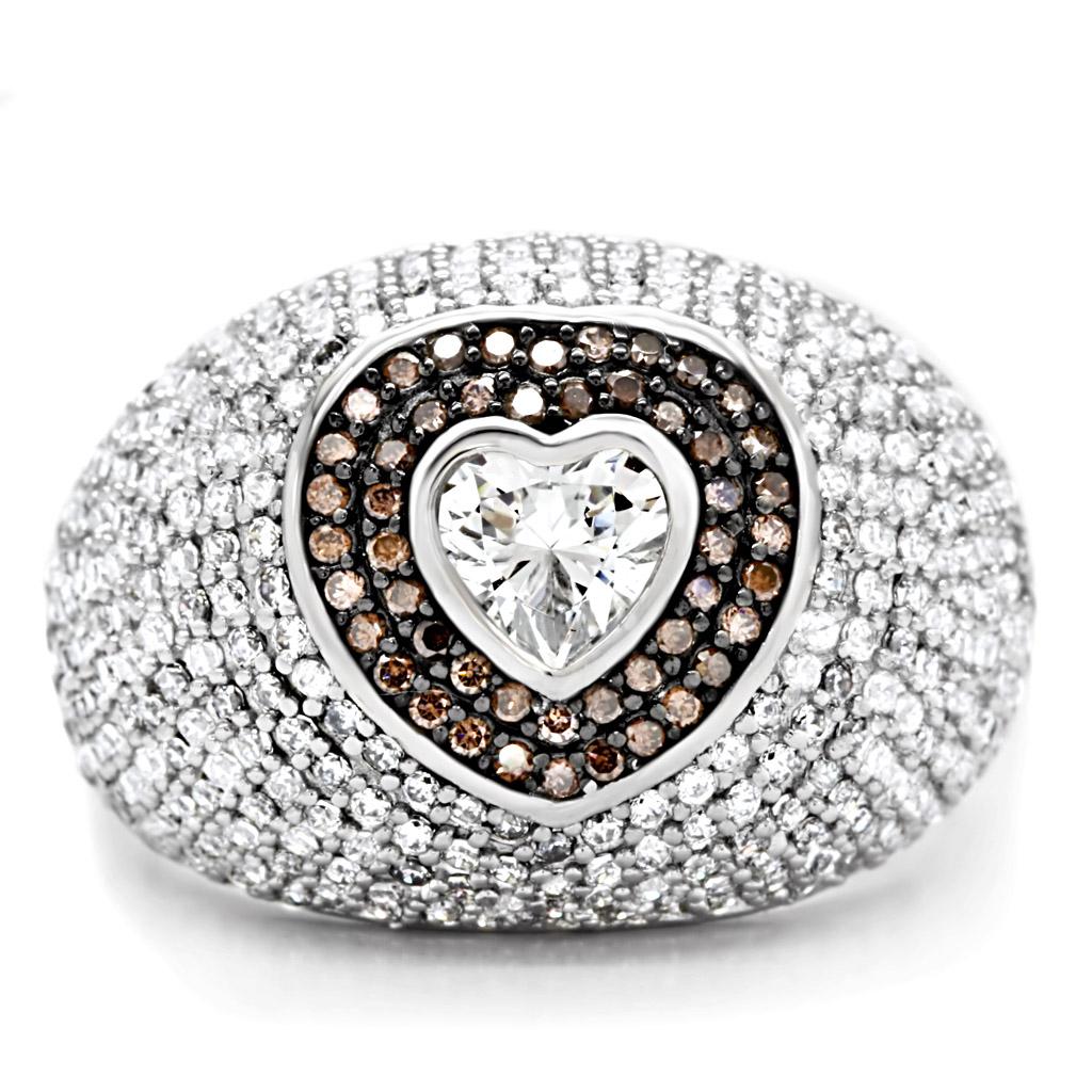 Rhodium + Ruthenium 925 Sterling Silver Ring with AAA Grade CZ  in Brown