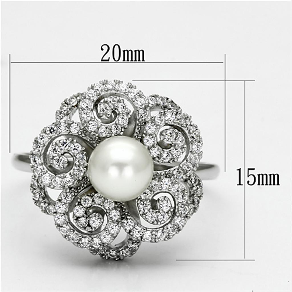 Rhodium 925 Sterling Silver Ring with Synthetic Pearl in White
