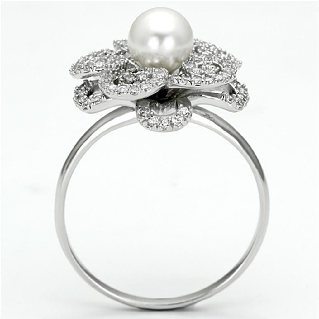 Rhodium 925 Sterling Silver Ring with Synthetic Pearl in White