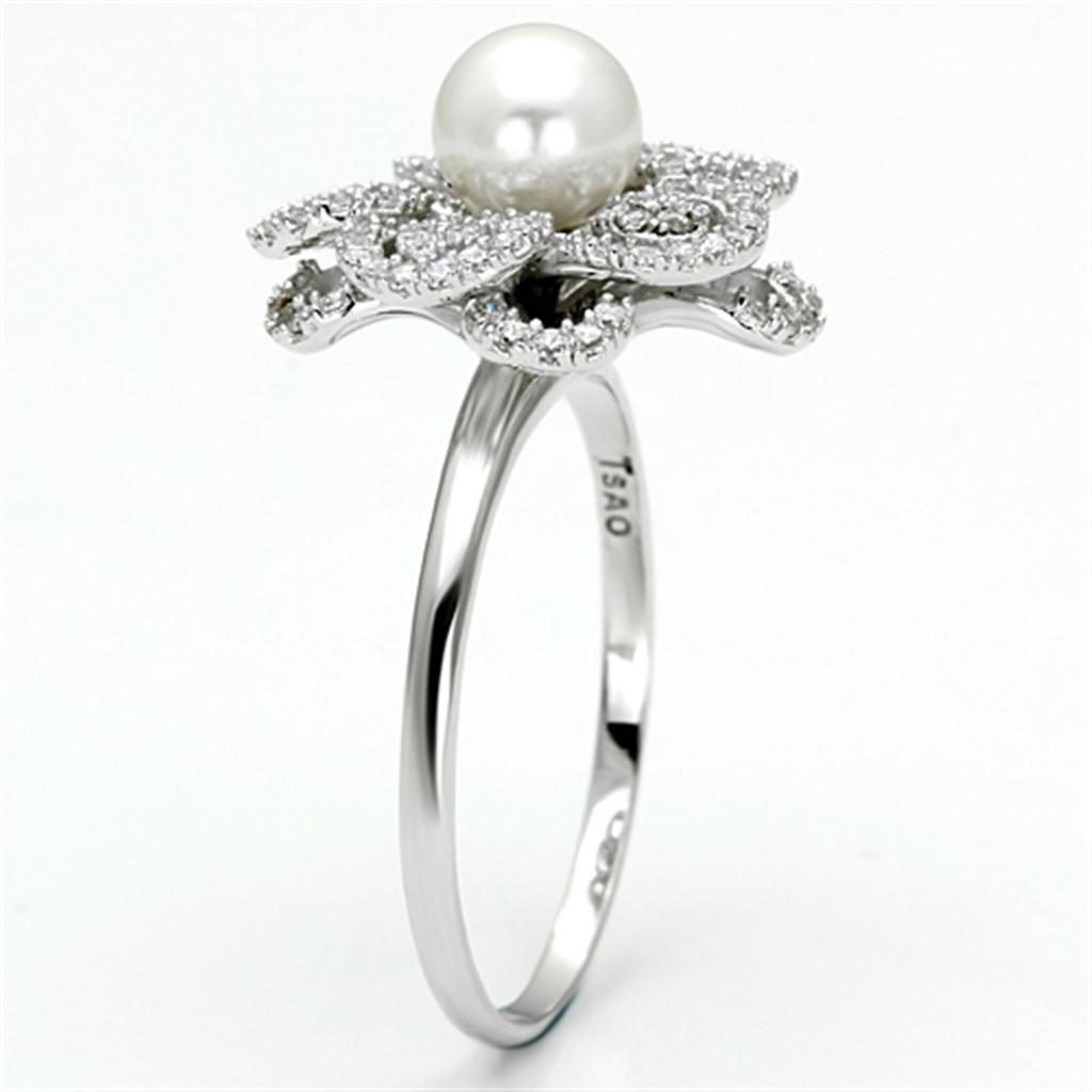 Rhodium 925 Sterling Silver Ring with Synthetic Pearl in White