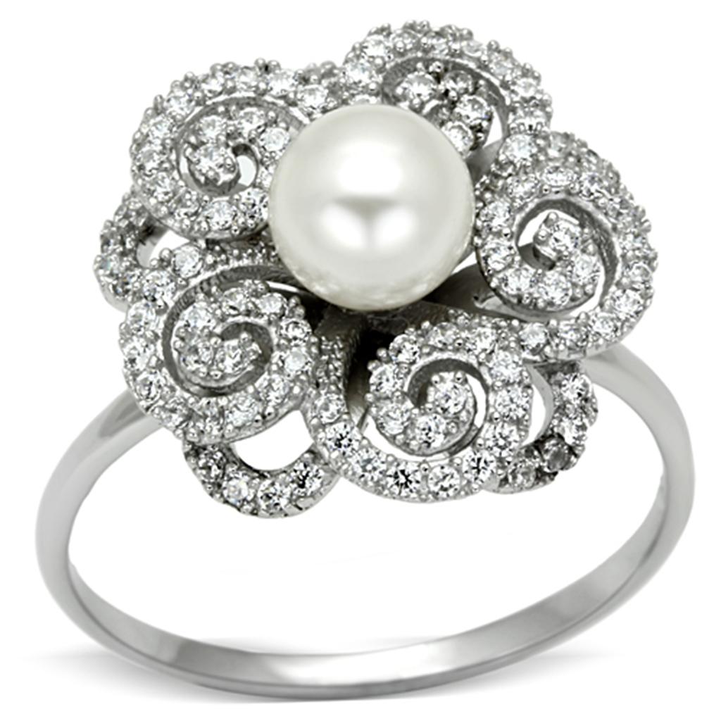 Rhodium 925 Sterling Silver Ring with Synthetic Pearl in White