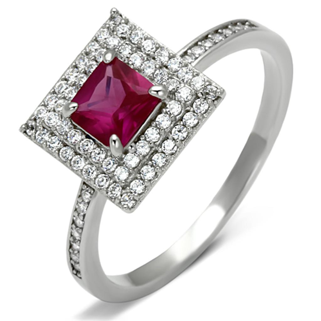 Rhodium 925 Sterling Silver Ring with Synthetic Corundum in Ruby