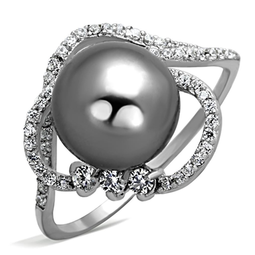 Rhodium 925 Sterling Silver Ring with Synthetic Pearl in Gray