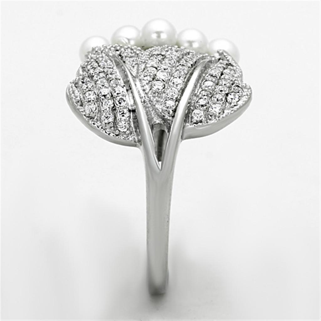 Rhodium 925 Sterling Silver Ring with Synthetic Pearl in White