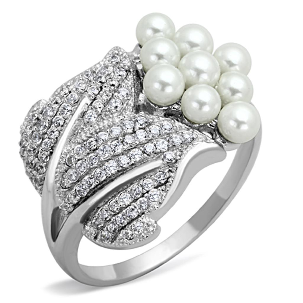 Rhodium 925 Sterling Silver Ring with Synthetic Pearl in White