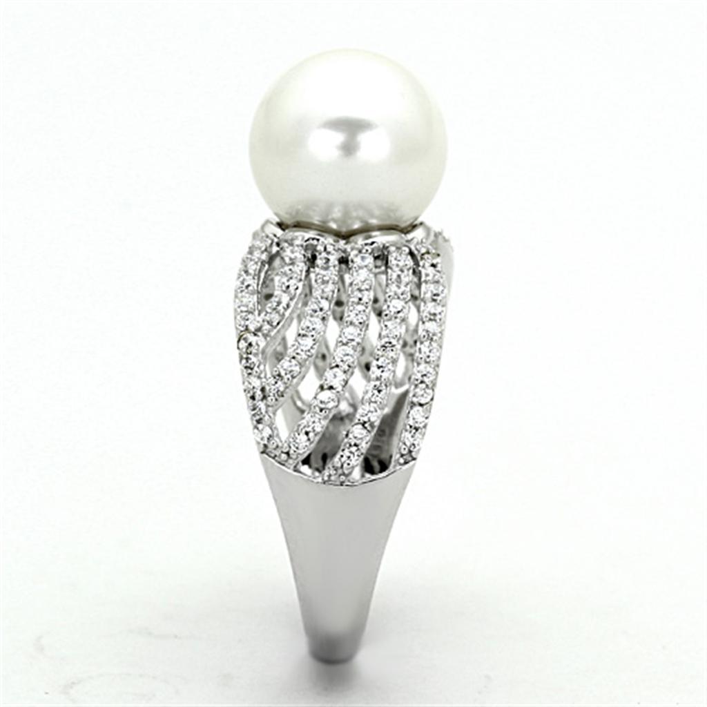 Rhodium 925 Sterling Silver Ring with Synthetic Pearl in White