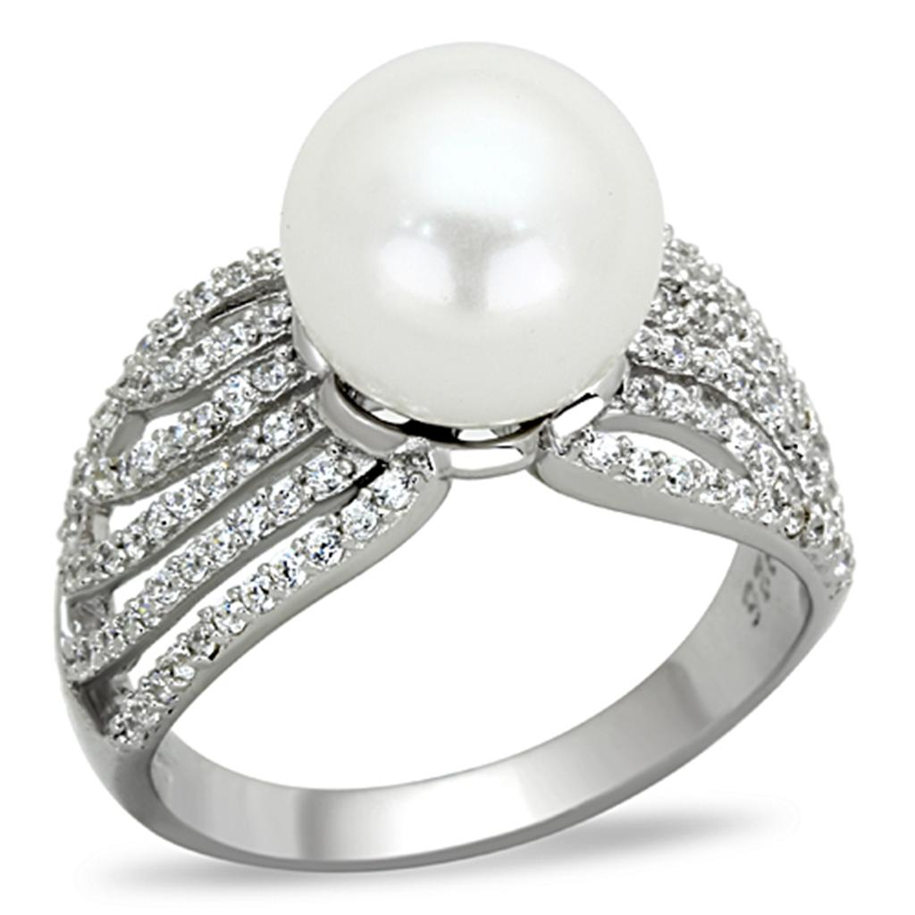 Rhodium 925 Sterling Silver Ring with Synthetic Pearl in White