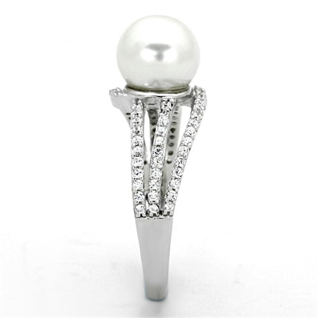 Rhodium 925 Sterling Silver Ring with Synthetic Pearl in White