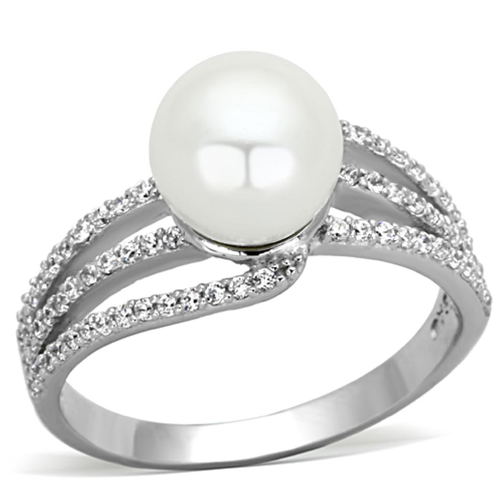 Rhodium 925 Sterling Silver Ring with Synthetic Pearl in White