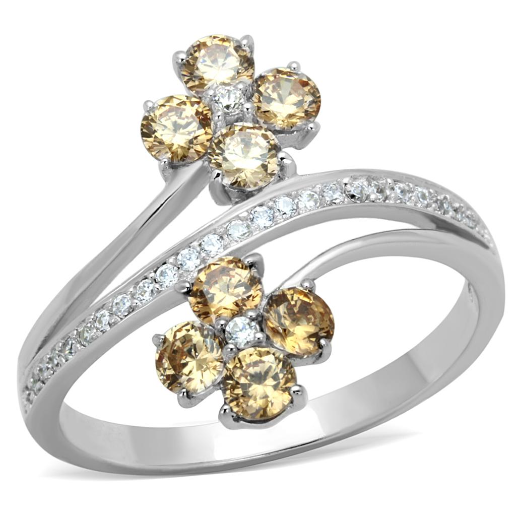 Rhodium 925 Sterling Silver Ring with AAA Grade CZ  in Champagne