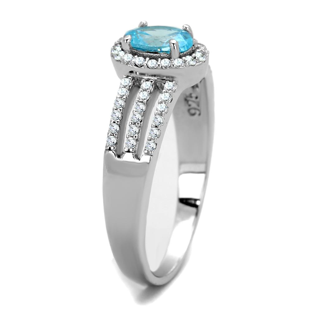 Rhodium 925 Sterling Silver Ring with AAA Grade CZ  in Sea Blue