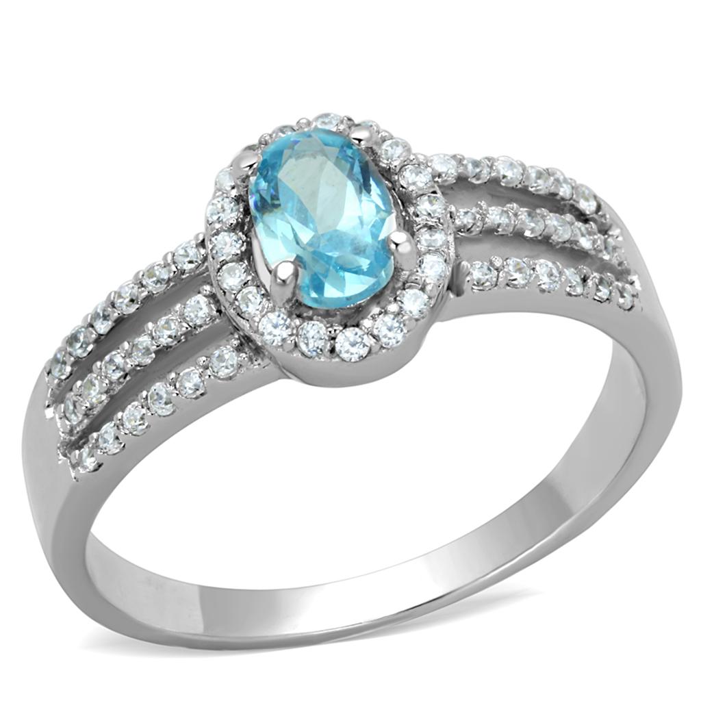 Rhodium 925 Sterling Silver Ring with AAA Grade CZ  in Sea Blue