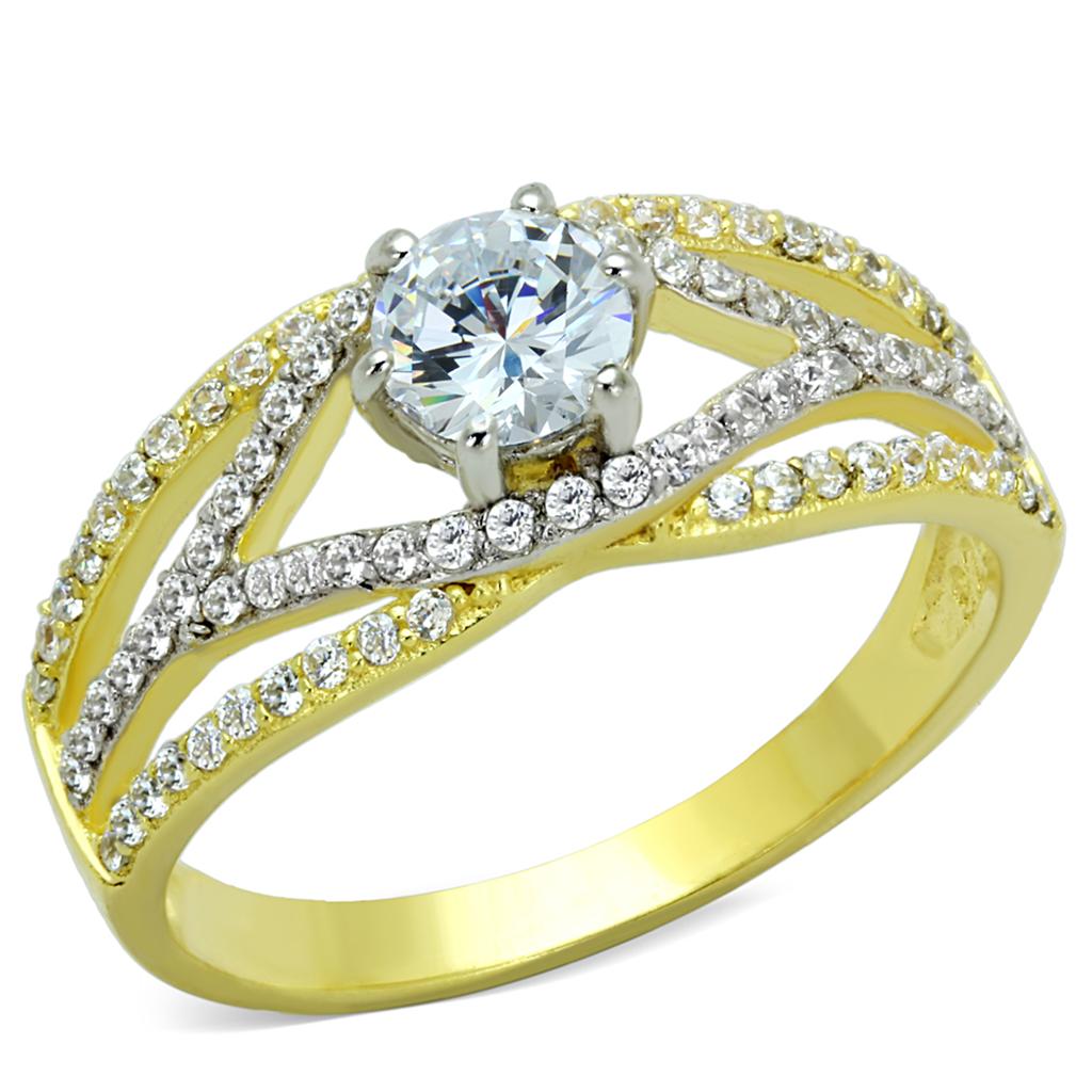Gold+Rhodium 925 Sterling Silver Ring with AAA Grade CZ  in Clear
