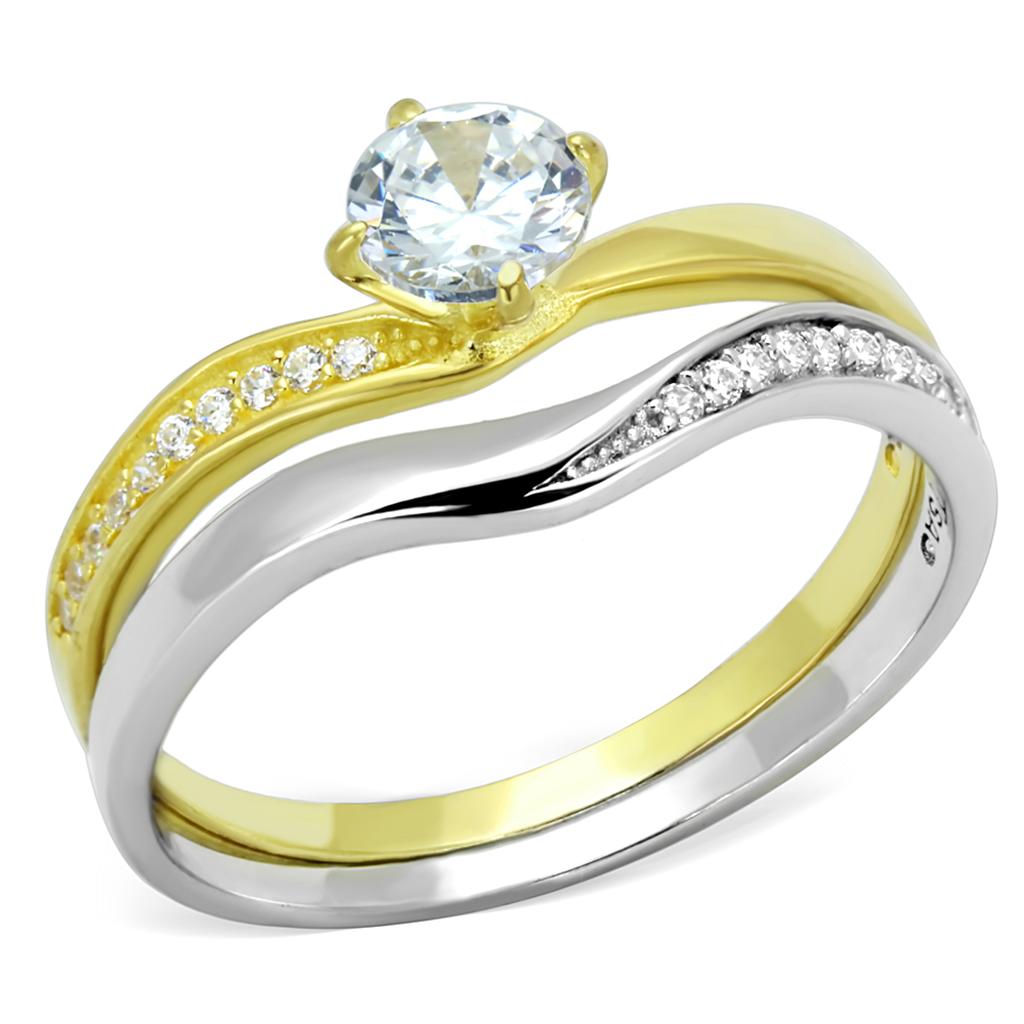 Gold+Rhodium 925 Sterling Silver Ring with AAA Grade CZ  in Clear