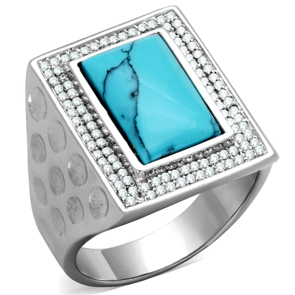 Rhodium 925 Sterling Silver Ring with Synthetic Turquoise in Sea Blue