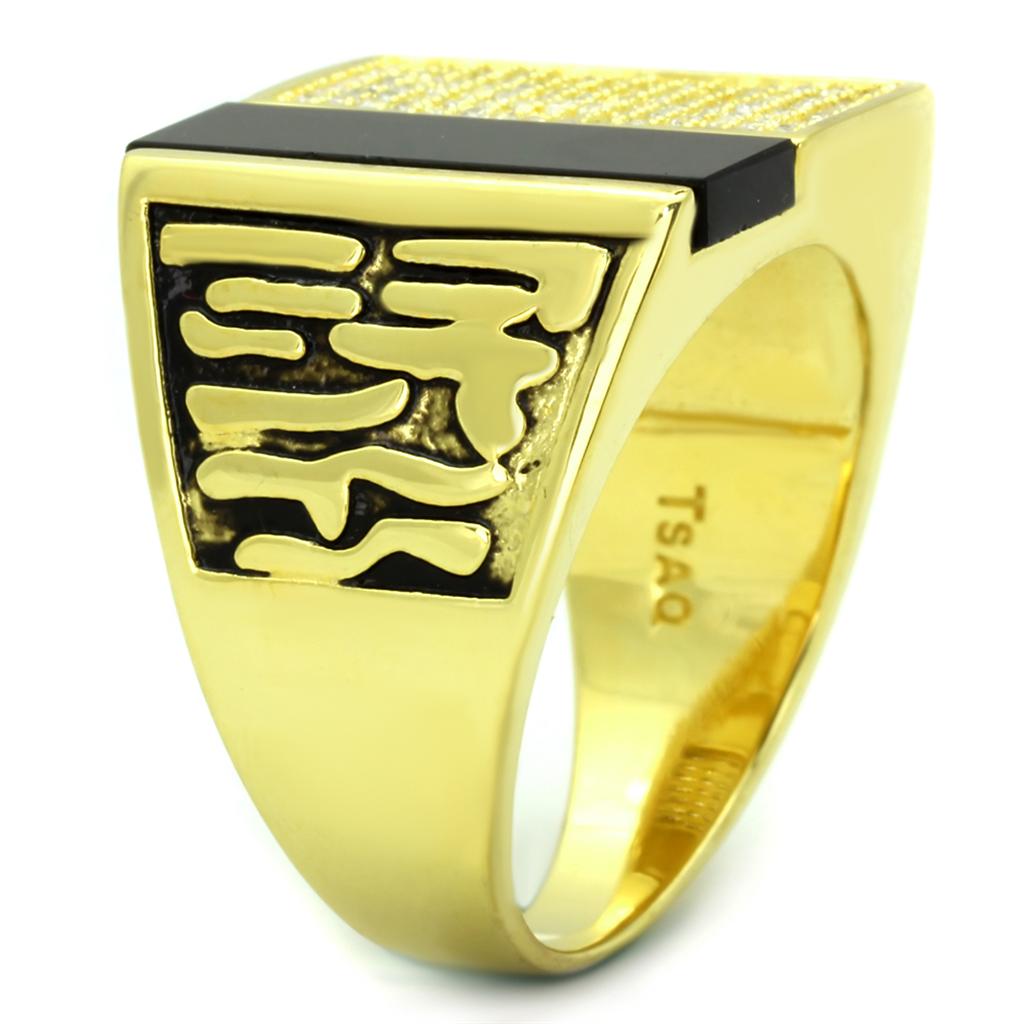 Gold 925 Sterling Silver Ring with Semi-Precious Onyx in Jet