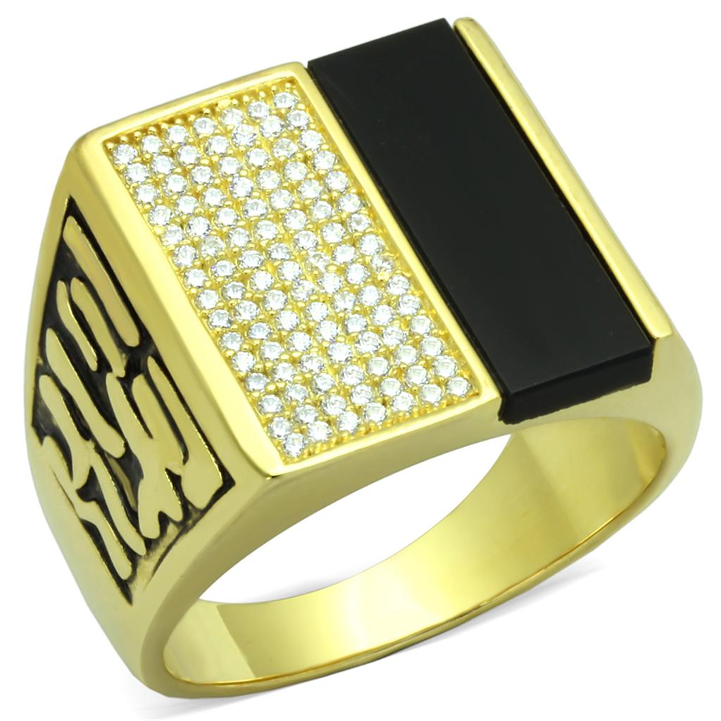 Gold 925 Sterling Silver Ring with Semi-Precious Onyx in Jet
