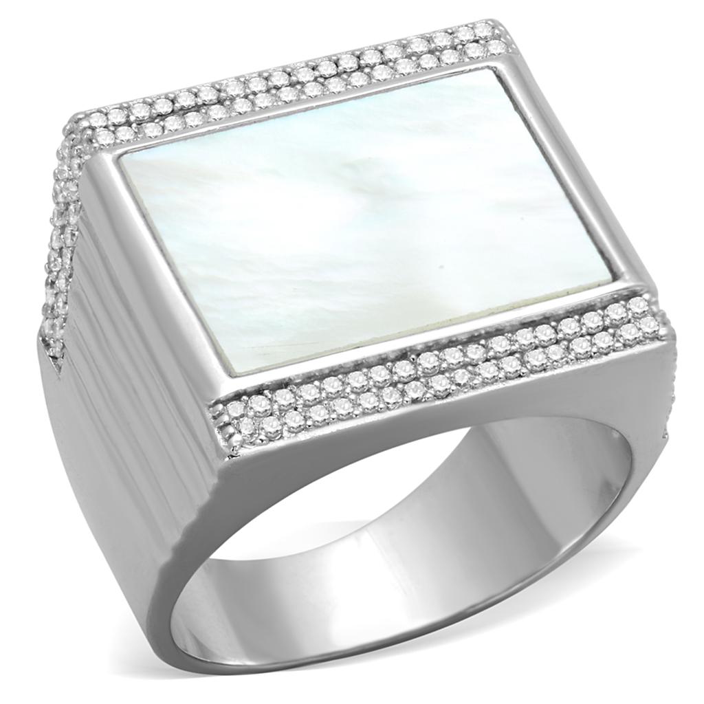 Rhodium 925 Sterling Silver Ring with Precious Stone Conch in White
