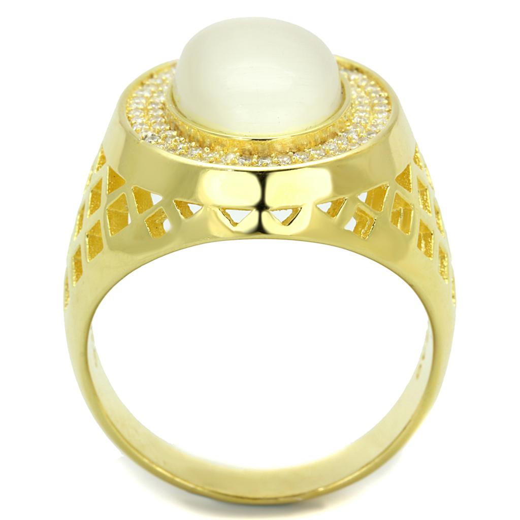 Gold 925 Sterling Silver Ring with Synthetic Cat Eye in White