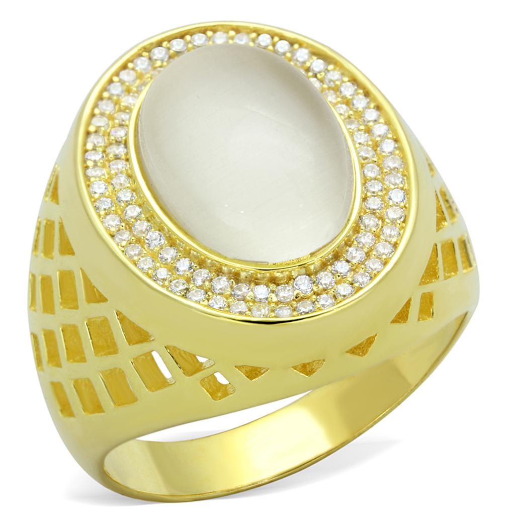 Gold 925 Sterling Silver Ring with Synthetic Cat Eye in White
