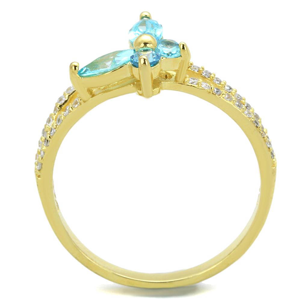 Gold 925 Sterling Silver Ring with AAA Grade CZ  in Sea Blue