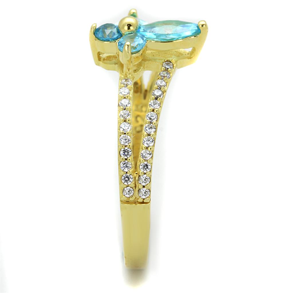 Gold 925 Sterling Silver Ring with AAA Grade CZ  in Sea Blue