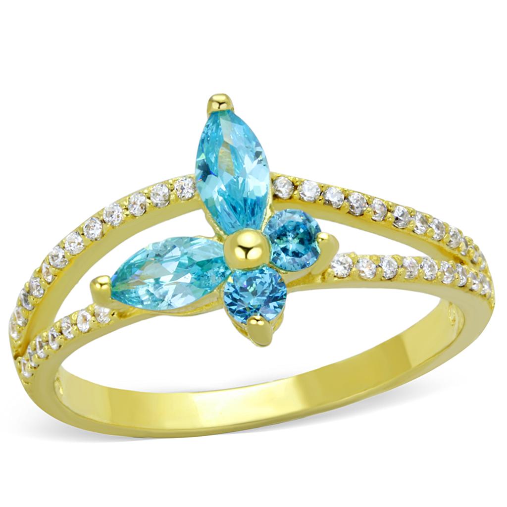 Gold 925 Sterling Silver Ring with AAA Grade CZ  in Sea Blue