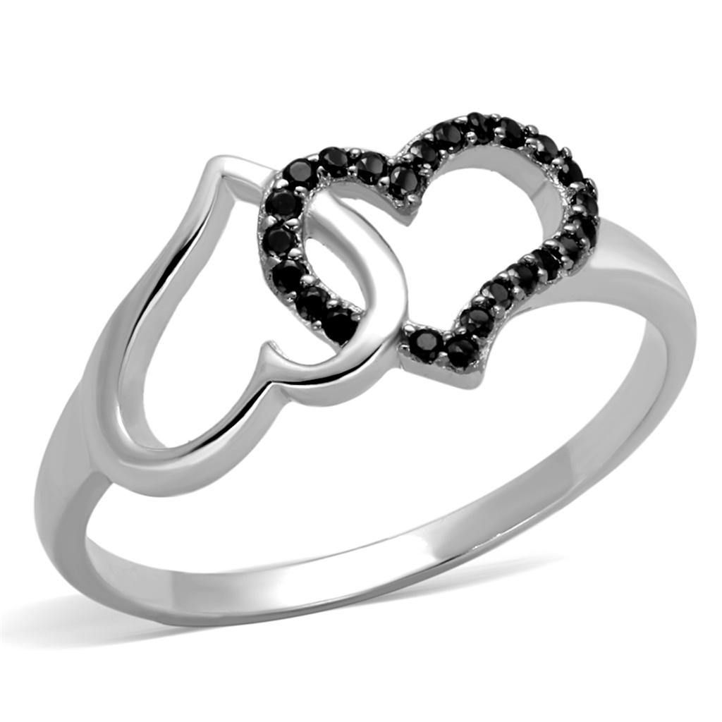 Rhodium + Ruthenium 925 Sterling Silver Ring with AAA Grade CZ  in Black Diamond