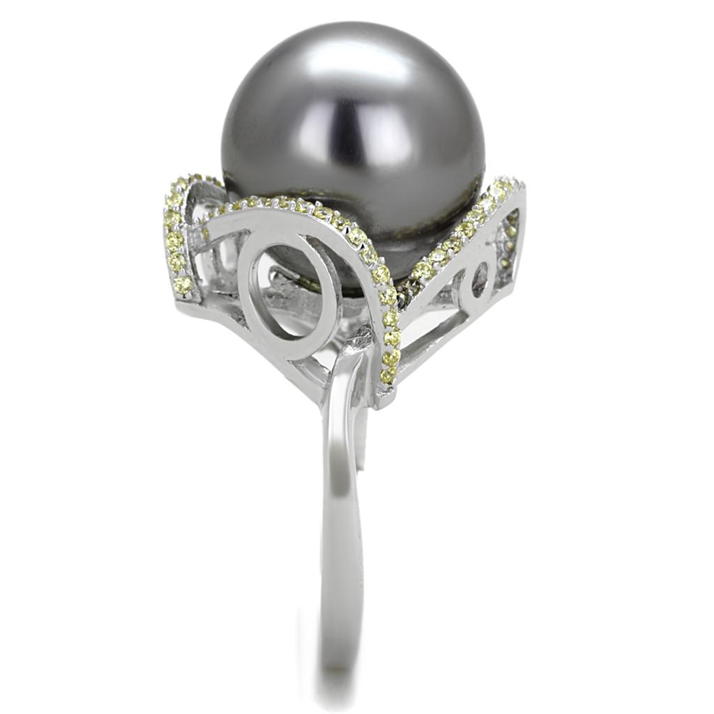 Rhodium 925 Sterling Silver Ring with Synthetic Pearl in Gray