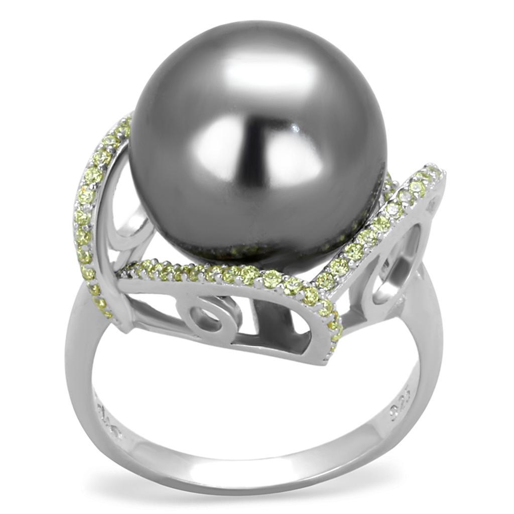 Rhodium 925 Sterling Silver Ring with Synthetic Pearl in Gray