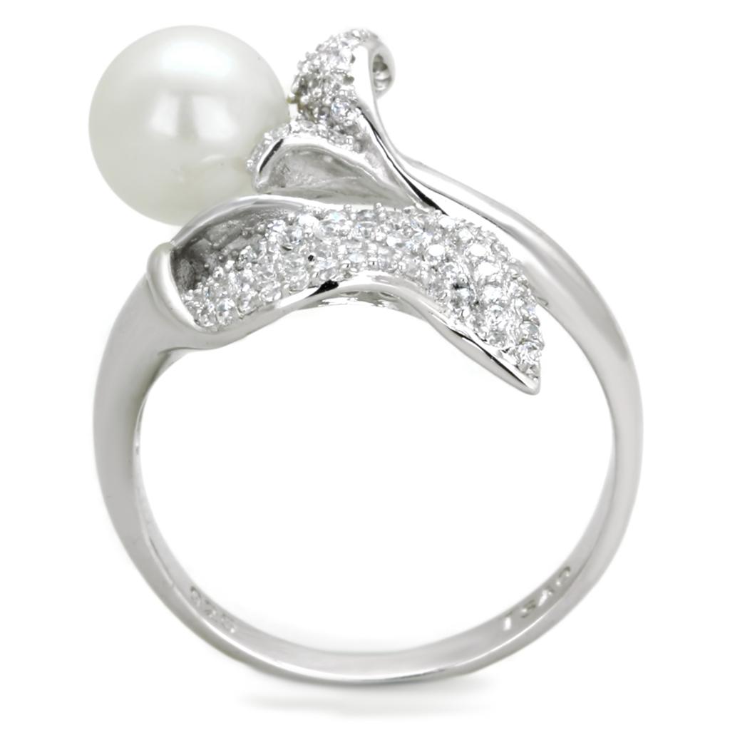 Rhodium 925 Sterling Silver Ring with Synthetic Pearl in White