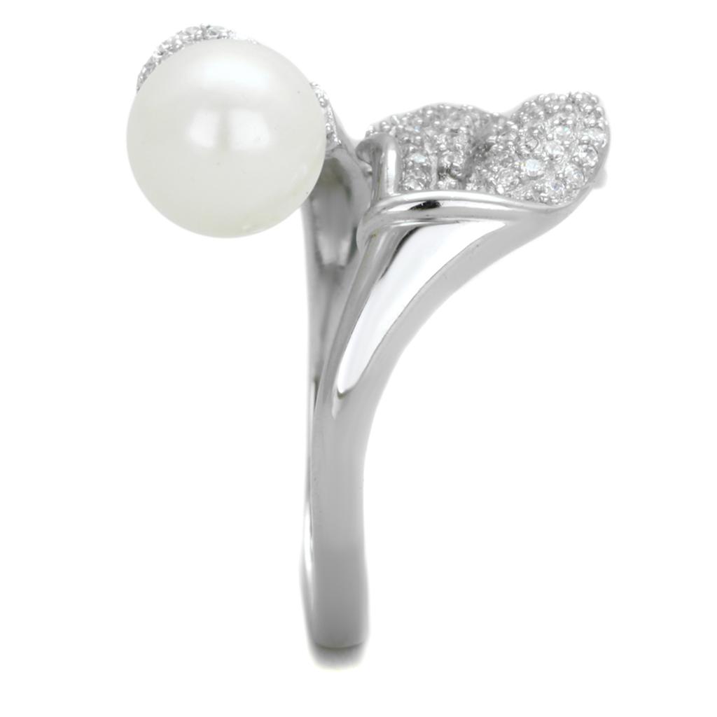 Rhodium 925 Sterling Silver Ring with Synthetic Pearl in White