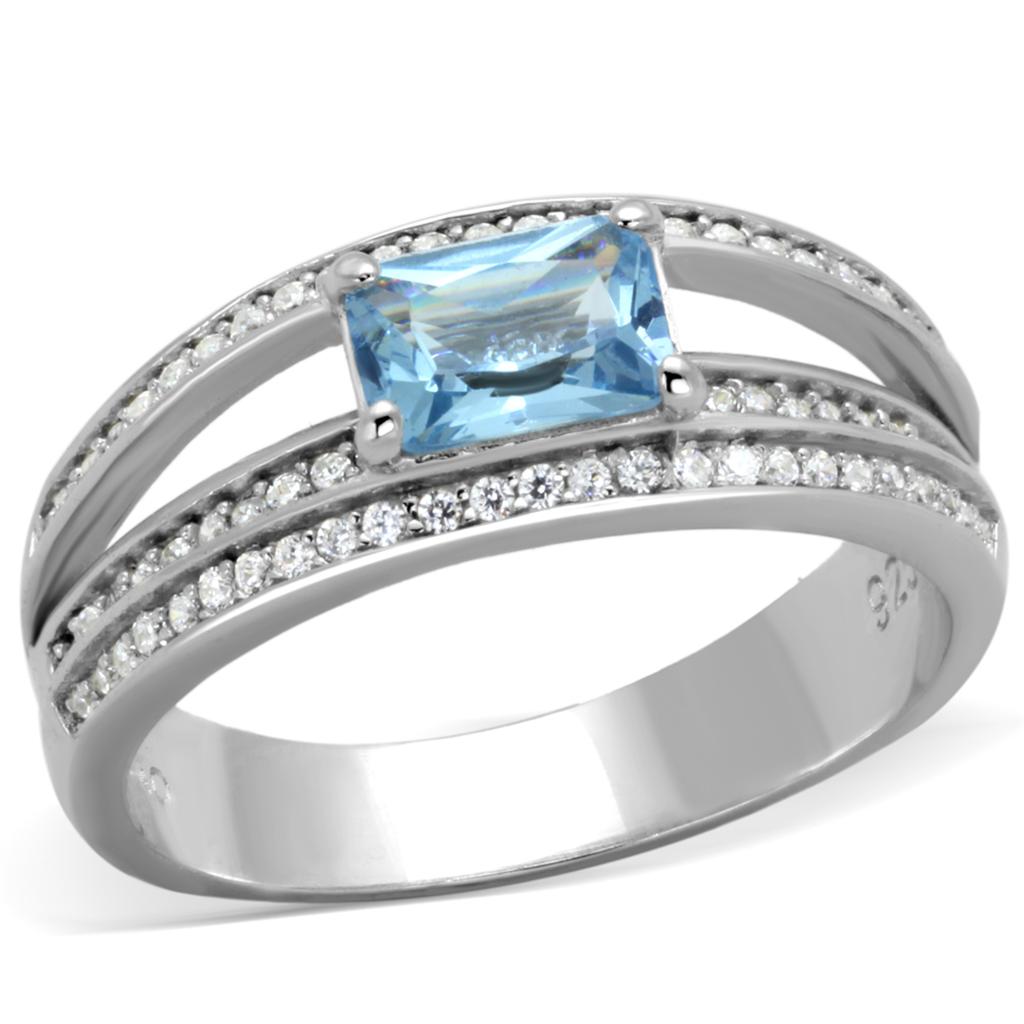 Rhodium 925 Sterling Silver Ring with Synthetic Synthetic Glass in Sea Blue