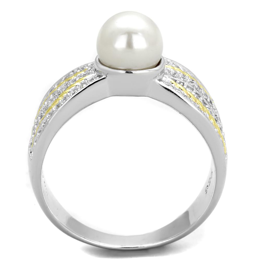 Reverse Two-Tone 925 Sterling Silver Ring with Synthetic Pearl in White