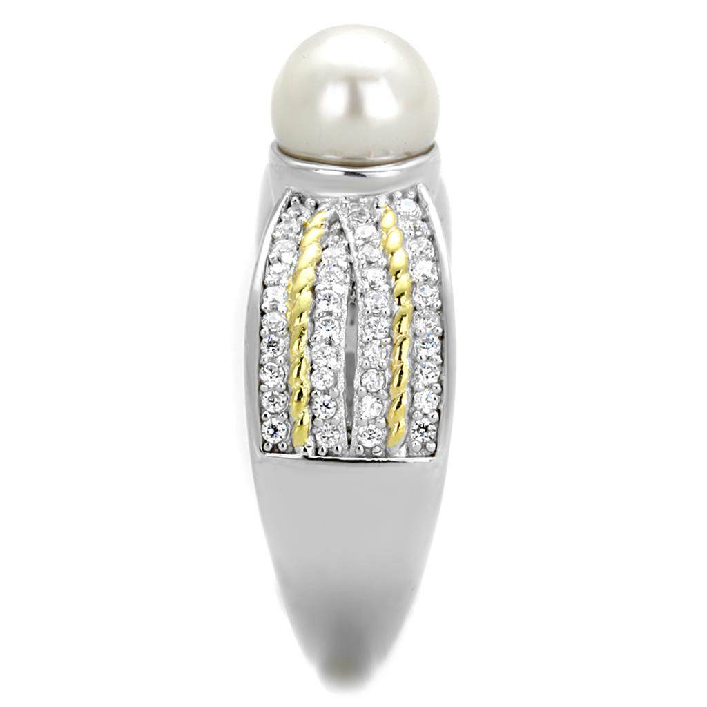 Reverse Two-Tone 925 Sterling Silver Ring with Synthetic Pearl in White