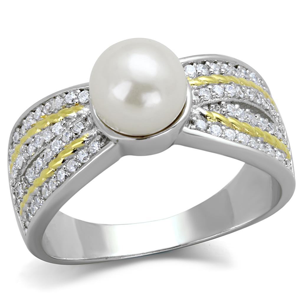 Reverse Two-Tone 925 Sterling Silver Ring with Synthetic Pearl in White