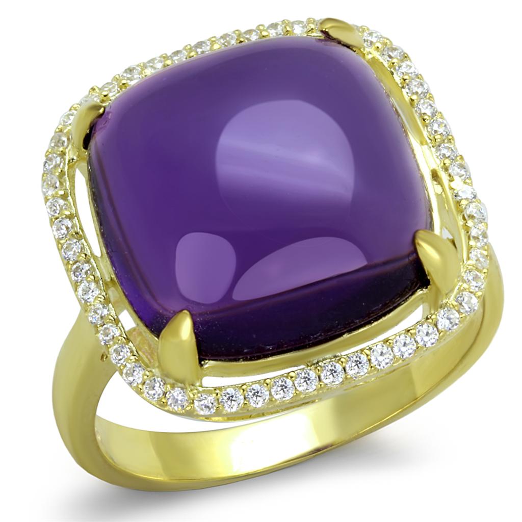 Gold 925 Sterling Silver Ring with Synthetic Synthetic Glass in Amethyst
