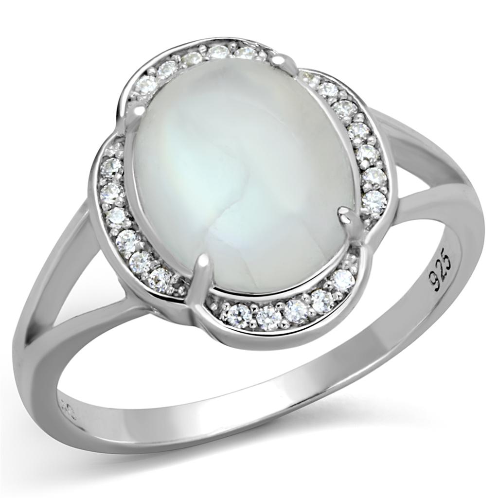 Rhodium 925 Sterling Silver Ring with Semi-Precious Moon Stone in Clear