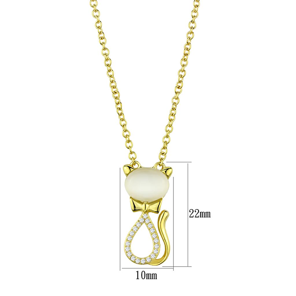 Gold 925 Sterling Silver Chain Pendant with Synthetic Cat Eye in White