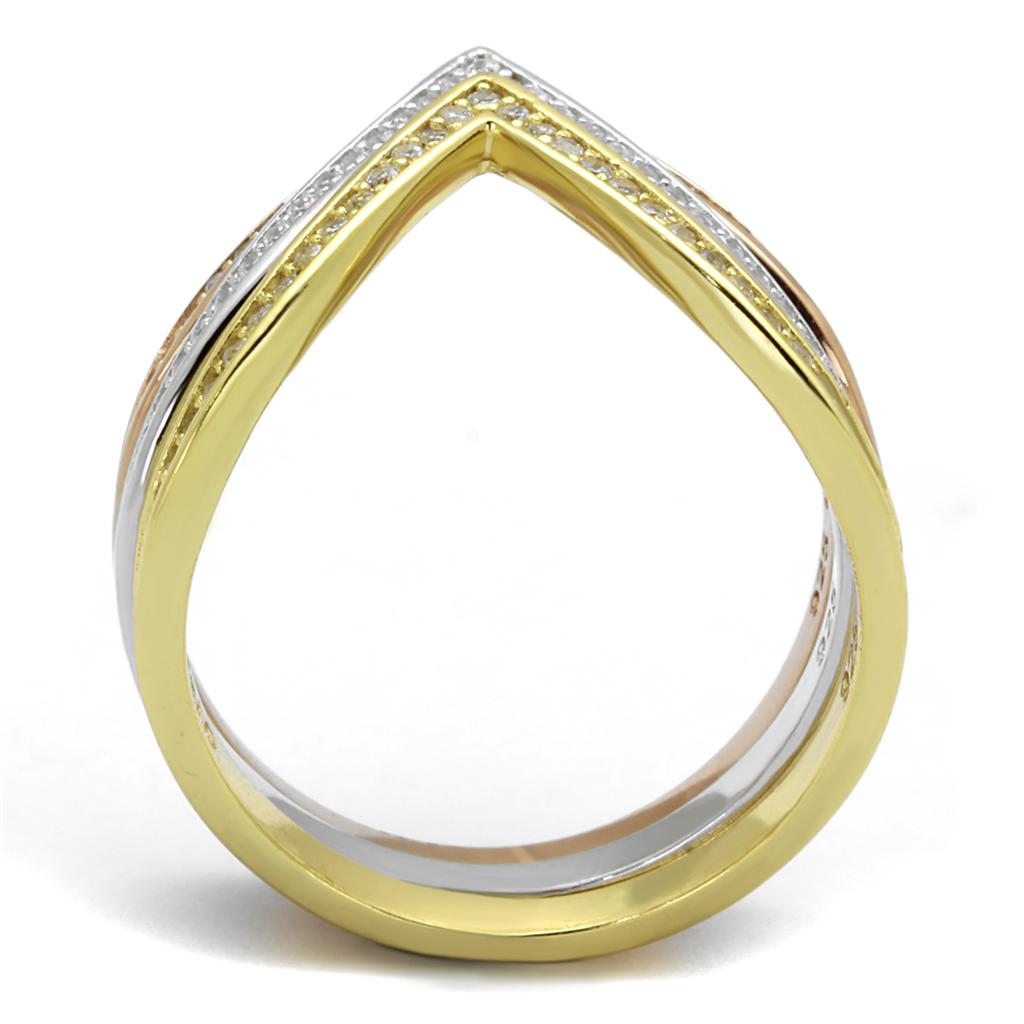 Rhodium + Gold + Rose Gold 925 Sterling Silver Ring with AAA Grade CZ  in Clear