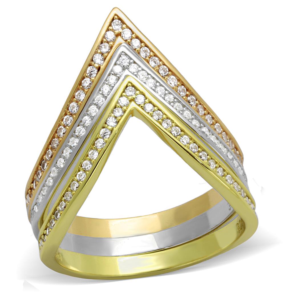 Rhodium + Gold + Rose Gold 925 Sterling Silver Ring with AAA Grade CZ  in Clear