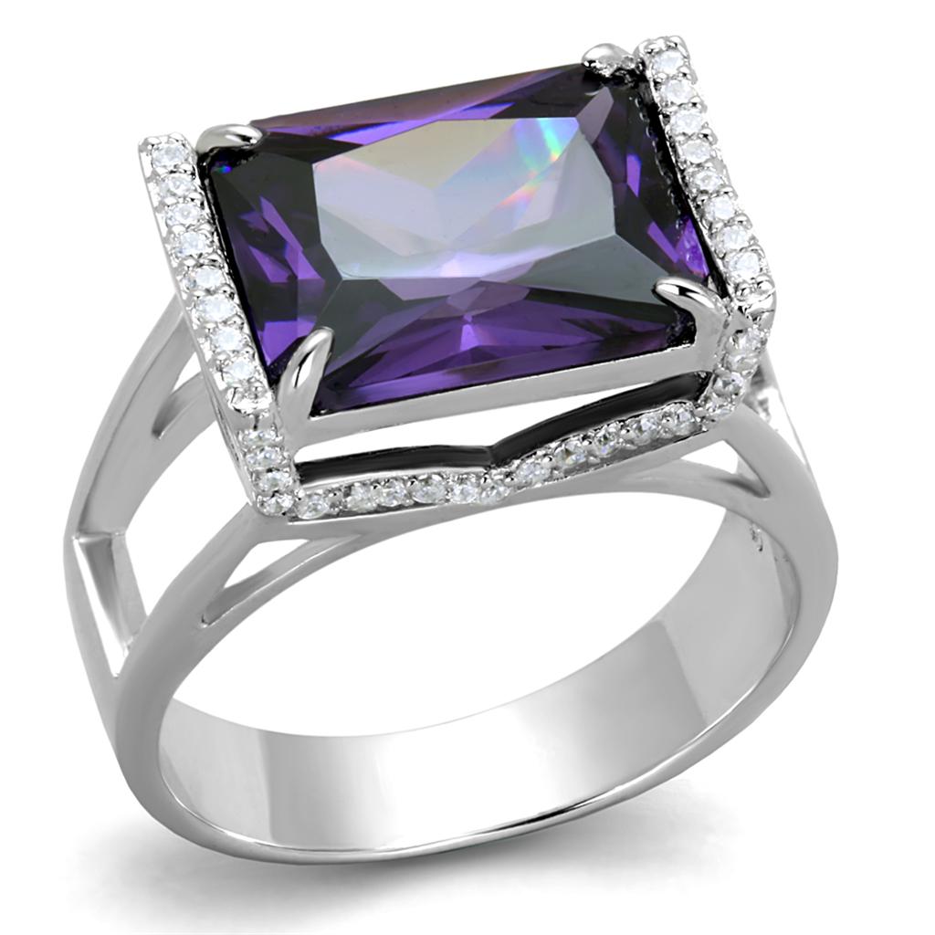 Rhodium 925 Sterling Silver Ring with AAA Grade CZ  in Amethyst
